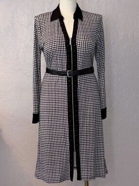 Michael Kors Black White Houndstooth Long Sleeve Belted Shirt Dress Large NWT